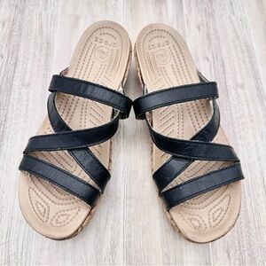 Crocs A-Leigh Cork Wedge Sandals Black Leather Straps Comfy Beach | Size US 7 W